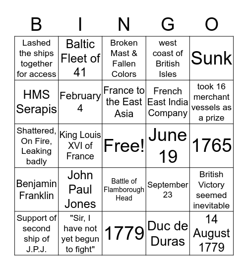 Bonhomme Richard Bingo Card