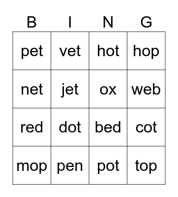 -e -o Bingo Card