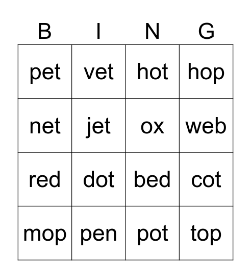 -e -o Bingo Card