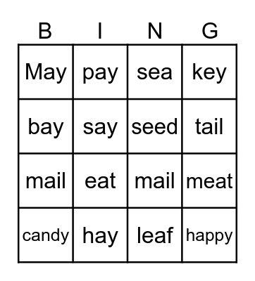 ai,ay,ail,ee,ea,yy,ey Bingo Card