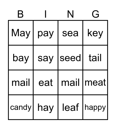 ai,ay,ail,ee,ea,yy,ey Bingo Card