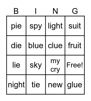 igh,ie,y,ue,ui,ew Bingo Card
