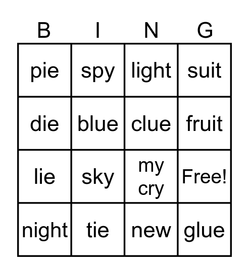 igh,ie,y,ue,ui,ew Bingo Card