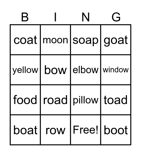 oa,ow,oo Bingo Card