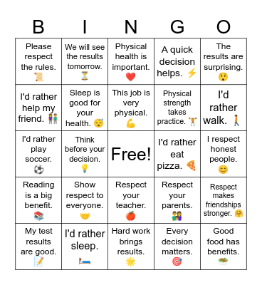 D1 L6 Decision, benefit, results, physical, rather , respect, Bingo Card