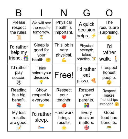D1 L6 Decision, benefit, results, physical, rather , respect, Bingo Card