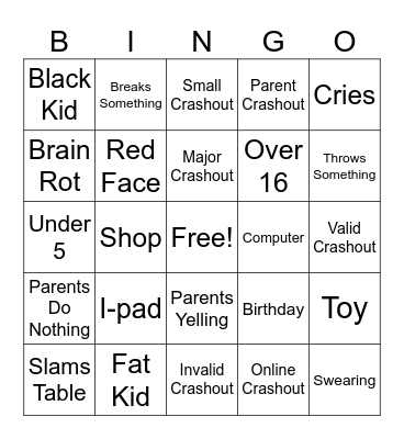 Crash Outs Bingo Card