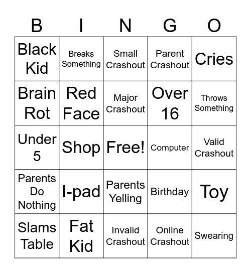 Crash Outs Bingo Card