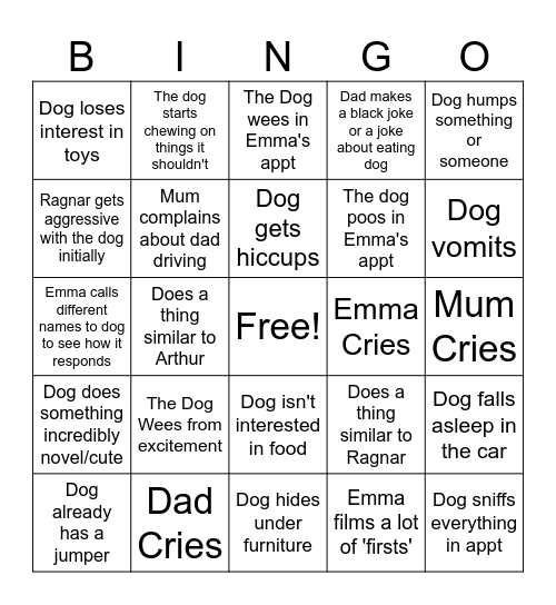 Emma Collects Her Puppy - Bingo Sheet Bingo Card