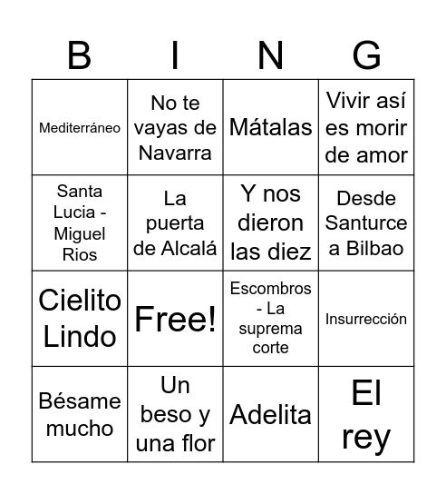 Bingo Musical Bingo Card