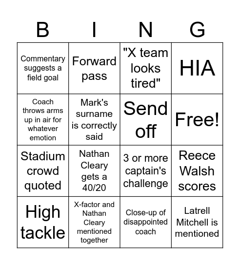 State of origin Bingo Card