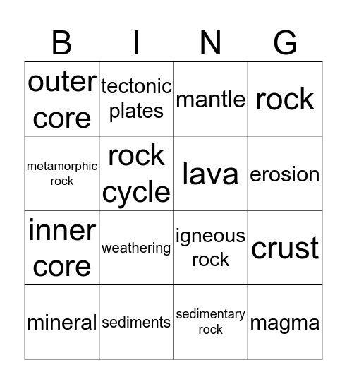 Earth and Rock Bingo Card