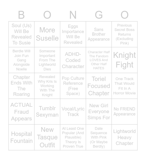 Deltarune Chapter 6 Predictions Bingo Card