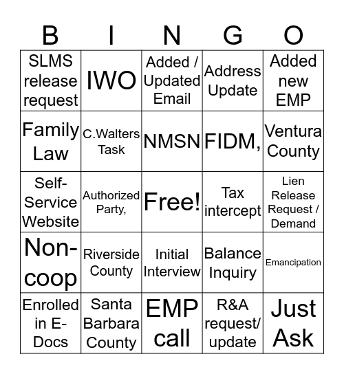 DCSS Call Center Bingo Card