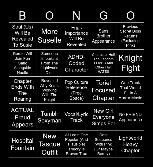 Deltarune Chapter 6 Predictions Bingo Card