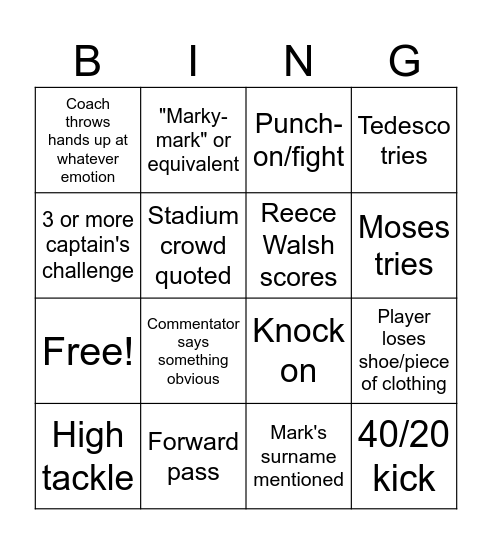 State of origin 2nd half Bingo Card
