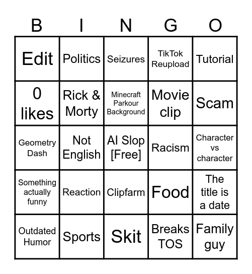 YouTube shorts Bingo Card