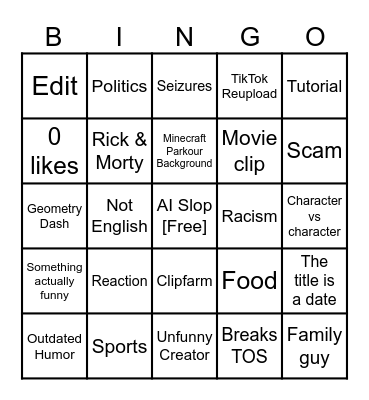 YouTube shorts Bingo Card