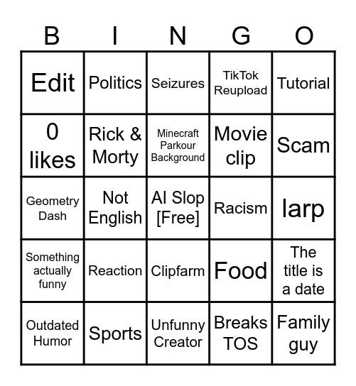 YouTube shorts Bingo Card