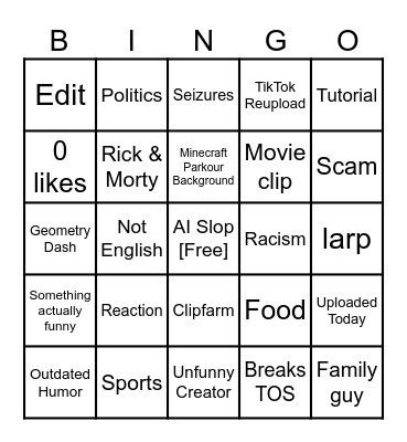 YouTube shorts Bingo Card