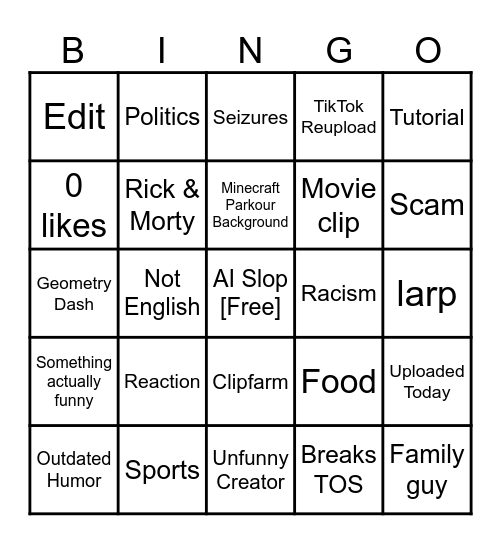 YouTube shorts Bingo Card