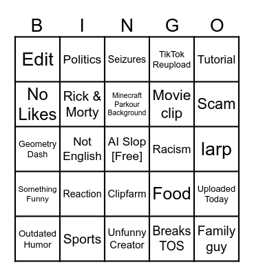 YouTube shorts Bingo Card