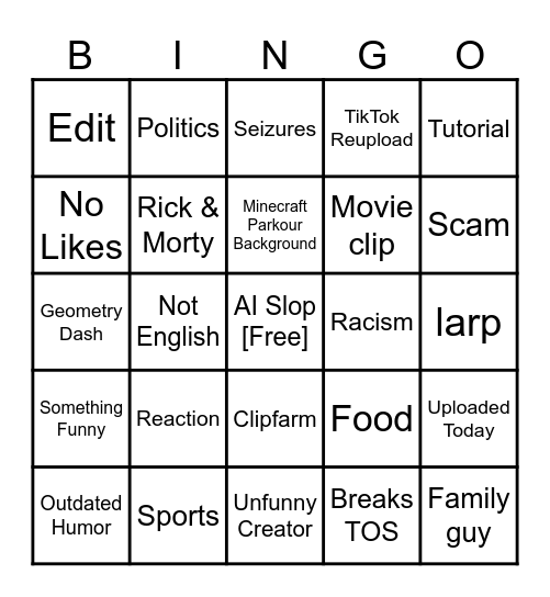 YouTube shorts Bingo Card