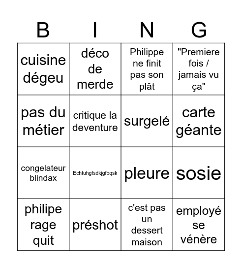 CACA BOUDIN Bingo Card