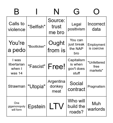 Anti Libertarian Bingo Card