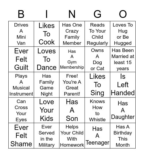 You're A Great Parent Bingo Card