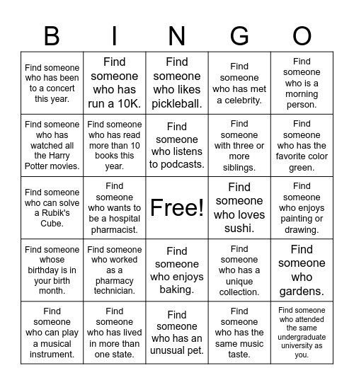 Icebreaker Pharmacy Bingo Card