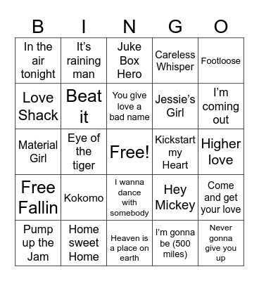 80’s Song Bingo Card