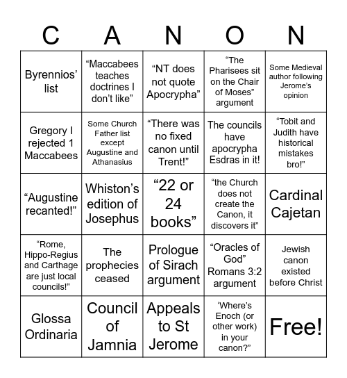 AA Canon Bingo Card