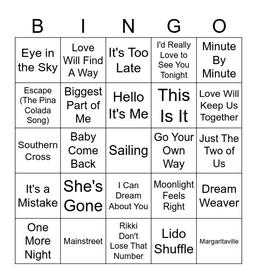 Yacht Rock Bingo Card