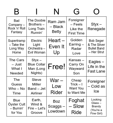 Lost hits of the 70s Bingo Card