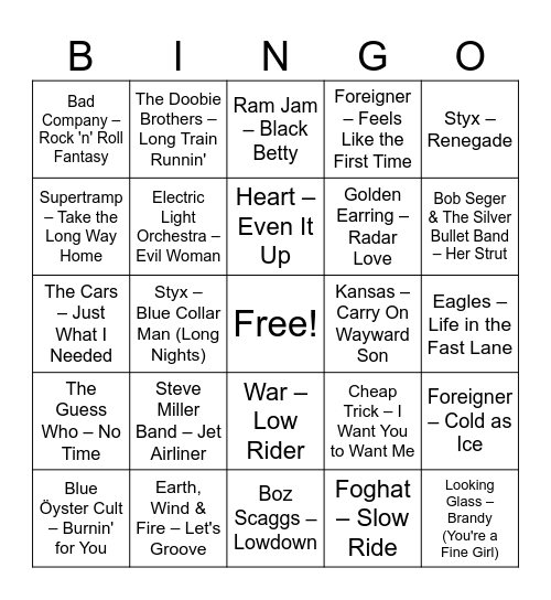 Lost hits of the 70s Bingo Card