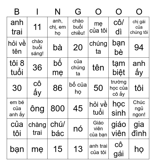 My family Bingo Card