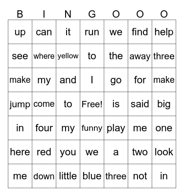 Sight Words Bingo Card