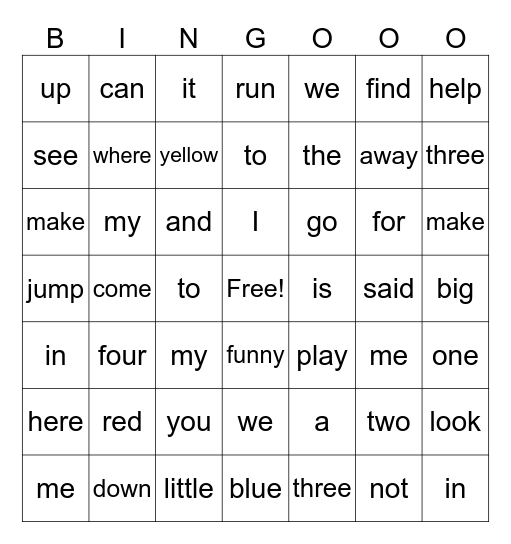 Sight Words Bingo Card