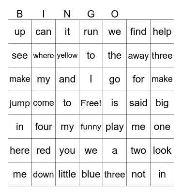 Sight Words Bingo Card