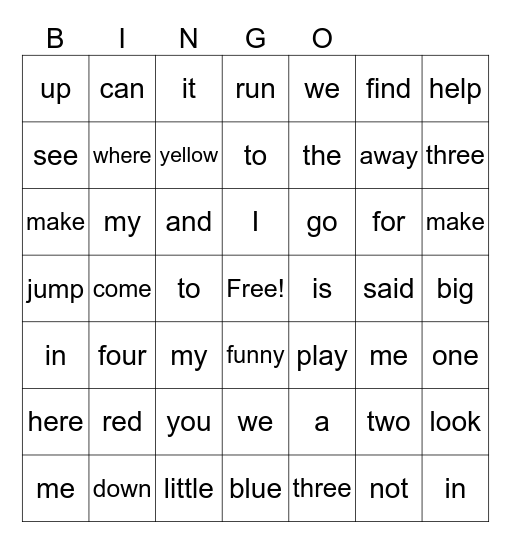 Sight Words Bingo Card