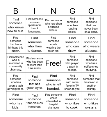 Icebreaker Pharmacy Bingo Card