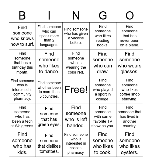 Icebreaker Pharmacy Bingo Card