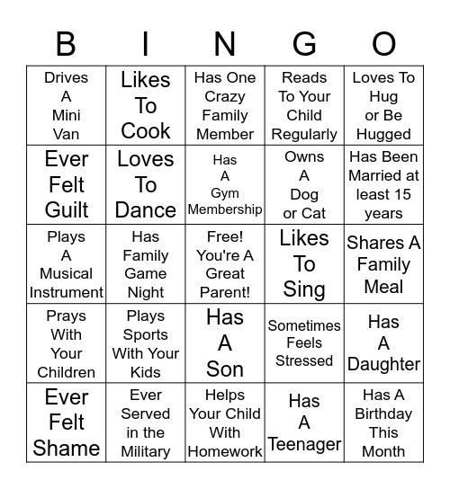 You're A Great Parent Bingo Card