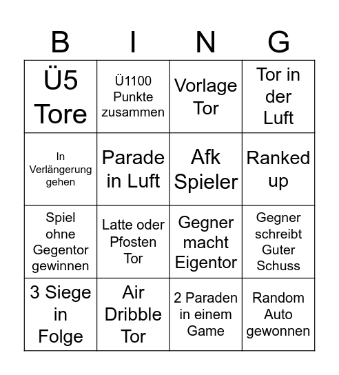 Rocket League Bingo Card