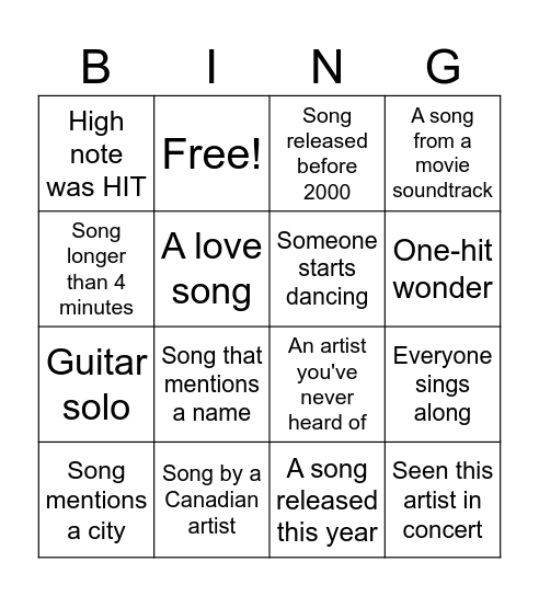 Listening room bingo Card