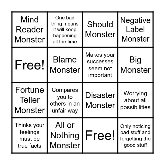 Thinking Error Monsters Bingo Card