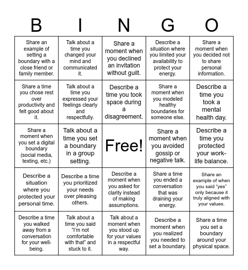 Healthy Boundaries Bingo Card