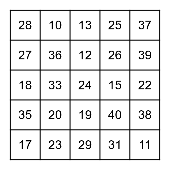 #s 10 - 40 Bingo Card
