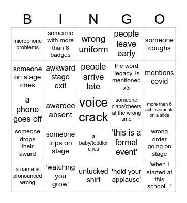 Awards Night Bingo Card